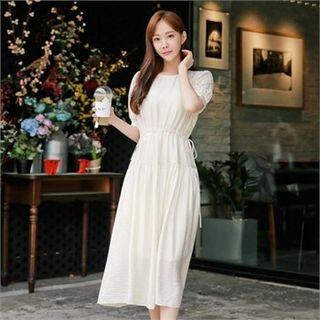 Puff-sleeve Drawstring-waist Long Textured Dress