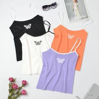 Contrast Trim Butterfly Embroidered Knit Camisole