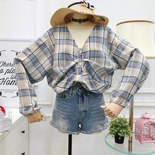 Loose-fit V-neck Plaid Top
