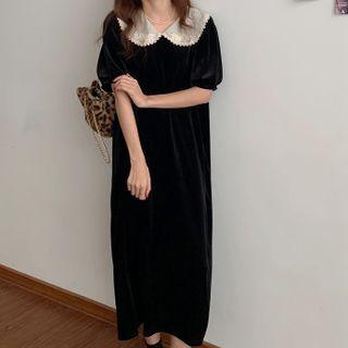 Elbow-sleeve Collared Velvet Midi A-line Dress