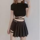 Short-sleeve Strappy Cropped T-shirt / Buckled Pleated A-line Skirt