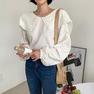 Wide-collar Lace-trim Balloon-sleeve Top