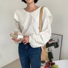 Wide-collar Lace-trim Balloon-sleeve Top