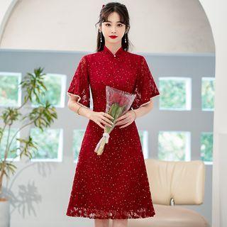 Short-sleeve Dotted Chinese Wedding Dress