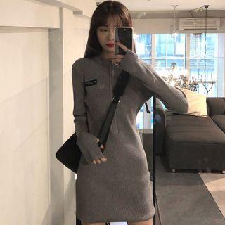Long-sleeve Zip-up Knit Mini Bodycon Dress