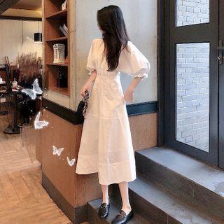 Puff-sleeve Open Back Drawstring Plain Dress