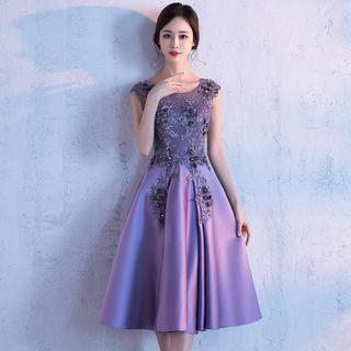 Sleeveless Floral Appliqued Midi A-line Dress