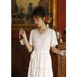 Short-sleeve Lace Panel V-neck Midi Dress