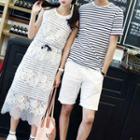 Couple Matching Set: Sleeveless Lace Midi Dress / Short-sleeve Striped T-shirt