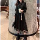Tie-neckline Chiffon A-line Dress Black - One Size