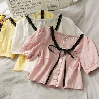 Ribbon-neckline Puff-sleeve Crop Blouse