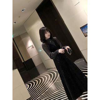 Set: Long-sleeve Mesh Top + Spaghetti Strap Velvet Midi A-line Dress