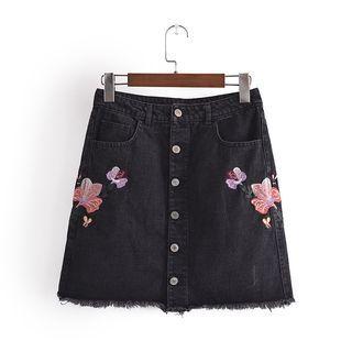 Flower Embroidered Frayed Denim Mini A-line Skirt