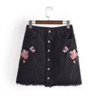 Flower Embroidered Frayed Denim Mini A-line Skirt