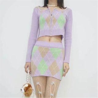 Argyle Cardigan / A-line Skirt