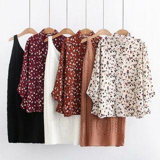 Set: Printed Blouse + V-neck Sleeveless Cable Knit Dress