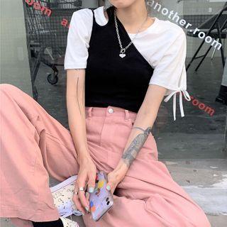 Set: Bow Detail Short-sleeve T-shirt + One-shoulder Tank Top Set Of 2 - T-shirt - White - One Size / Top - Black - One Size