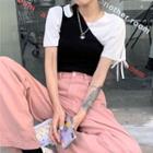 Set: Bow Detail Short-sleeve T-shirt + One-shoulder Tank Top Set Of 2 - T-shirt - White - One Size / Top - Black - One Size