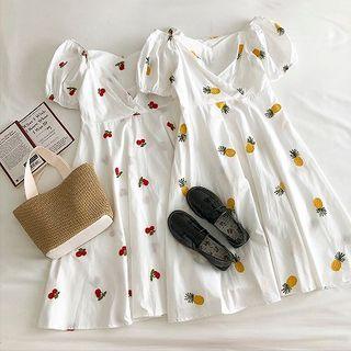 Embroidered V-neck Puff-sleeve Dress