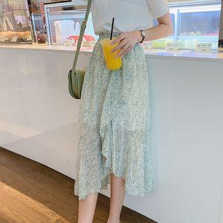 Printed Irregular Hem Midi Chiffon Skirt
