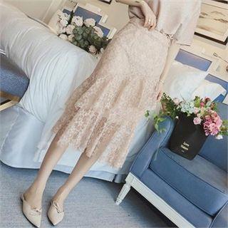 Ruffle-trim Lace-overlay Midi Skirt