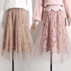 Mesh-overlay Pleated Lace Midi Skirt