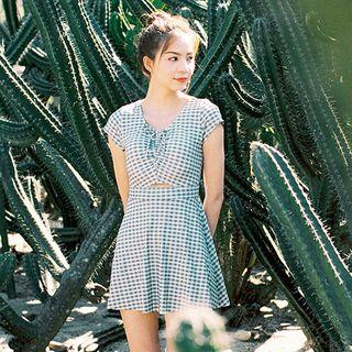 Set: Short-sleeve Checked Swim Dress + Swimshorts