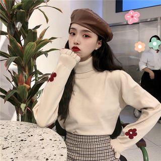 Flower Turtle-neck Long-sleeve Sweater