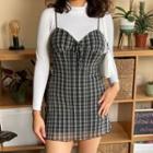 Spaghetti Strap Tie-front Plaid Ruffled-trim Mini Dress