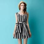 Striped Sleeveless A-line Dress With Sash