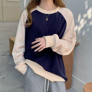 Color Block Round-neck Sweatshirt Blue & Almond - One Size