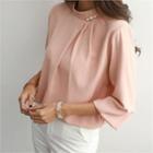 Stand-collar Faux-pearl Trim Pleated Blouse