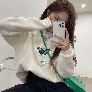 Butterfly Embroidered Round-neck Sweater