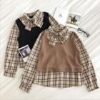 Mock Two-piece Plaid Long-sleeve Panel V-neck Top