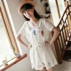 Applique Split-neck Short-sleeve Dress
