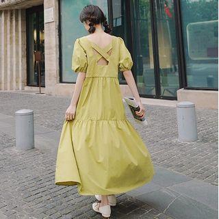 Puff-sleeve Cross-back Maxi A-line Dress