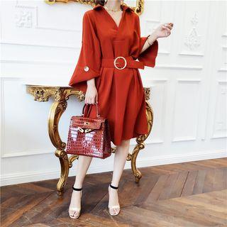 Long-sleeve A-line Dress With Belt Dark Tangerine Red - One Size