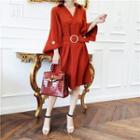 Long-sleeve A-line Dress With Belt Dark Tangerine Red - One Size