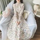 Long-sleeve Floral Print Midi Chiffon Dress Floral - One Size