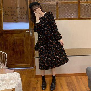 Lace Trim Floral Corduroy Dress Dark Blue - One Size