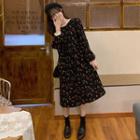 Lace Trim Floral Corduroy Dress Dark Blue - One Size