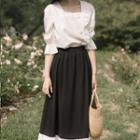 Set: Bell-sleeve Square-neck Ruffle Blouse + Two-tone A-line Midi Skirt