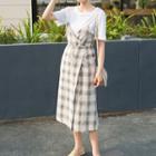 Set: Crew-neck Elbow-sleeve T-shirt + Plaid Drawstring Spaghetti Strap Dress