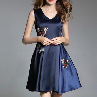 Butterfly Embroidered Sleeveless A-line Dress