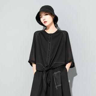 Round-neck Chiffon Button-up Bow Oversize Top