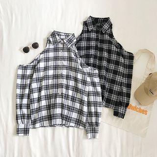 Cutout Shoulder Long-sleeve Plaid Top