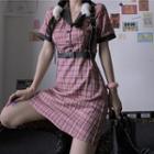 Short-sleeve Plaid Sheath Dress / Belt Bag / Belted Vest