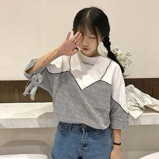 Elbow-sleeve Pinstriped Panel T-shirt