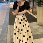 Short-sleeve Top / Dotted Midi A-line Skirt / Set