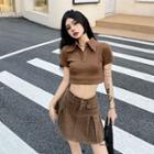 Short-sleeve V-neck Crop Polo Shirt / Mini A-line Skirt